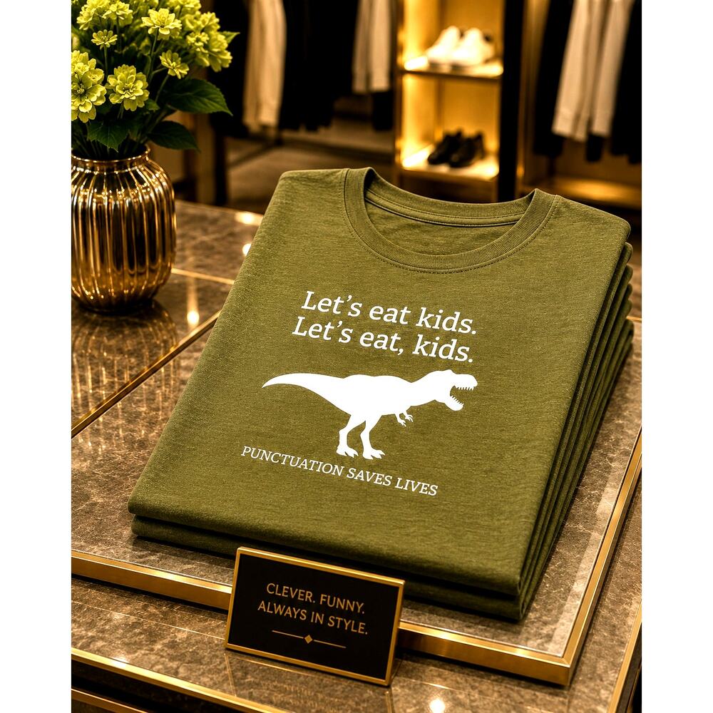 Dinosaur Print T Shirt Short Sleeve Crew Neck Lets Eat Kids Funny 8/10